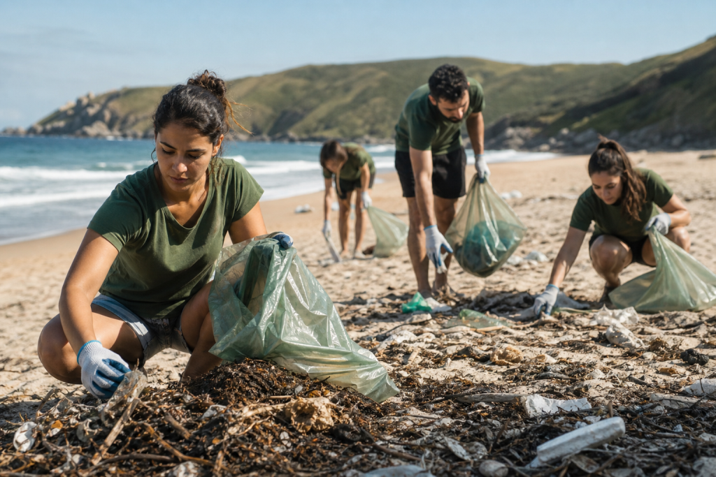 Voluntários recolhem resíduos durante mutirão de limpeza em praia brasileira